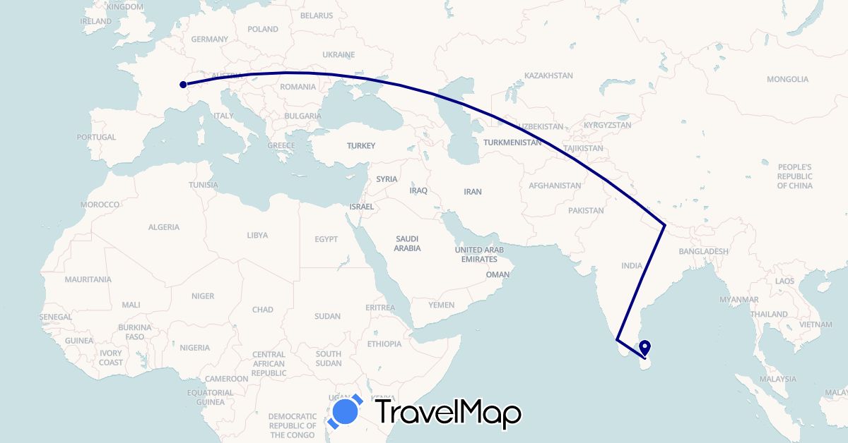 TravelMap itinerary: driving in Switzerland, India, Sri Lanka, Nepal (Asia, Europe)